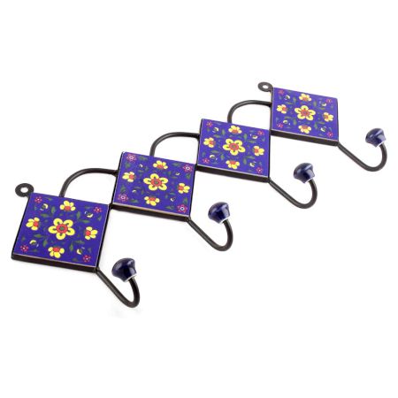 Navy Blue And Yellow Ceramic Floral Tiles Hooks